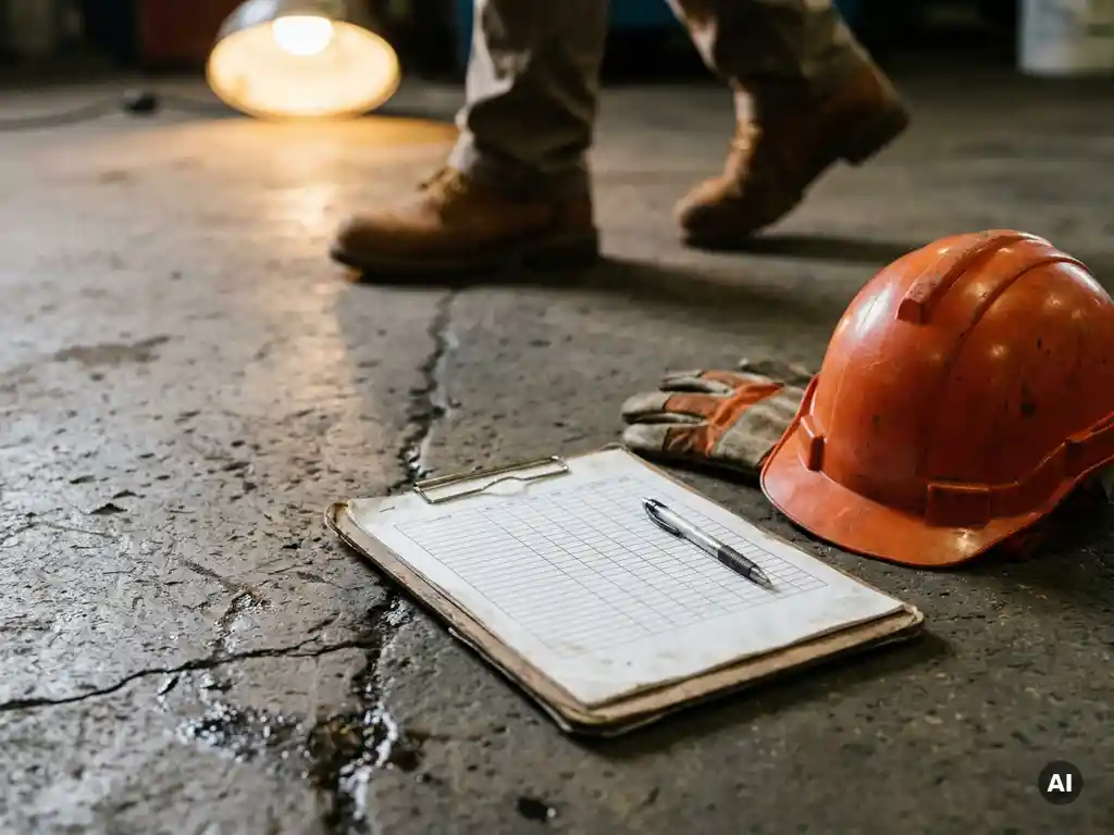 Klembord met inspectielijst op betonnen fabrieksvloer, naast een veiligheidshelm en werkhandschoenen, met laarzen van een medewerker op de achtergrond.
