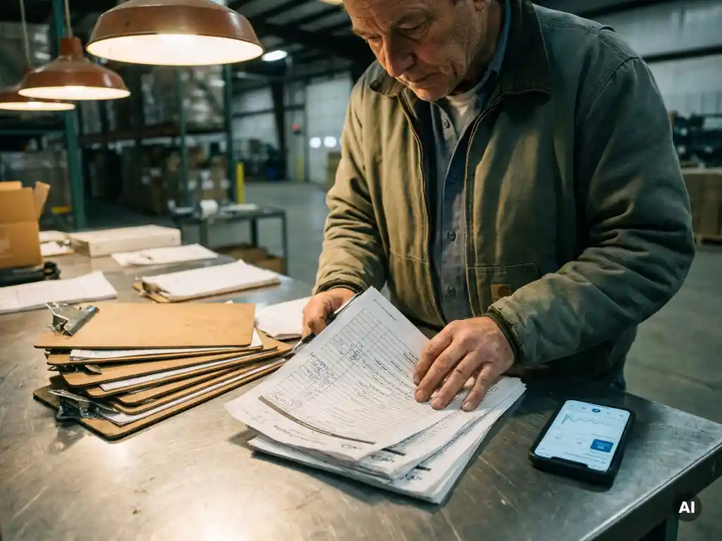 Supervisor vergelijkt gedrukte inspectiechecklists op metalen tafel met smartphone-dashboard, meerdere klemborden van magazijnlocaties naast elkaar.