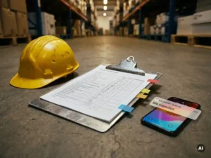 Worn metal clipboard with color-coded inspection checklist beside a hard hat and smartphone on a concrete warehouse floor.