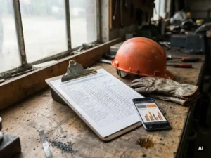 Clipboard with inspection checklist on industrial workbench beside hard hat, safety gloves, and smartphone showing dashboard graphs.