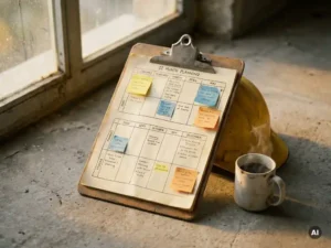 Versleten houten klembord met 12-maanden planningsrooster, kleurrijke sticky notes, bouwhelm en dampende koffie op betonnen vloer in warm ochtendlicht.