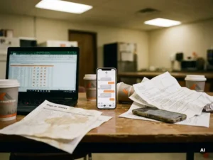 Cluttered job site break room table with crumpled sign-in sheets and messy laptop beside a glowing smartphone showing an organized chat app.