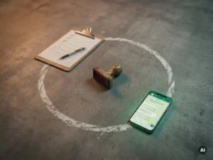 Circulaire opstelling van klembord met checklist, smartphone met chatapp en kwaliteitsstempel op betonnen vloer, verbonden door krijtlijn.
