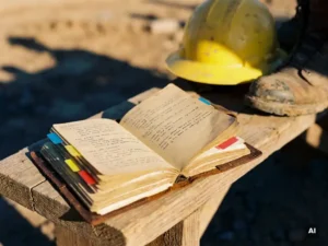 Worn leather planner open on a job site table with handwritten schedules and color-coded safety tabs, hard hat and steel-toed boot in background.