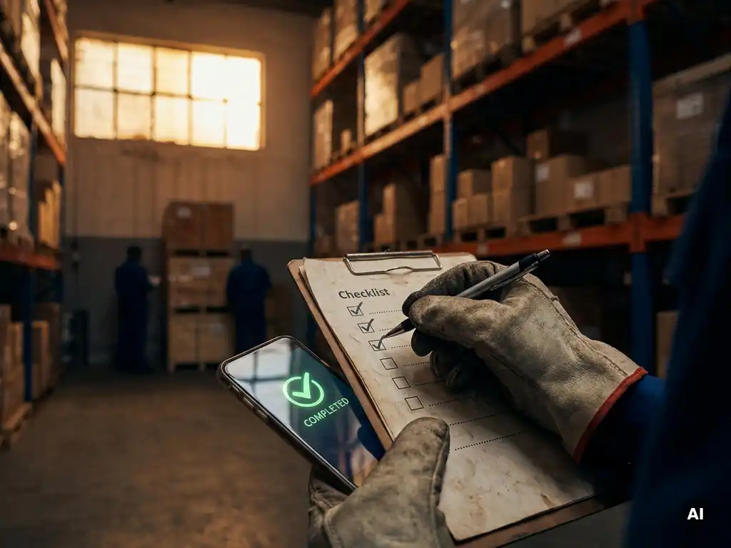 Gehandschoende hand die items afvinkt op een inspectieklembord naast smartphone met groene voltooiingsstatus in industrieel magazijn.
