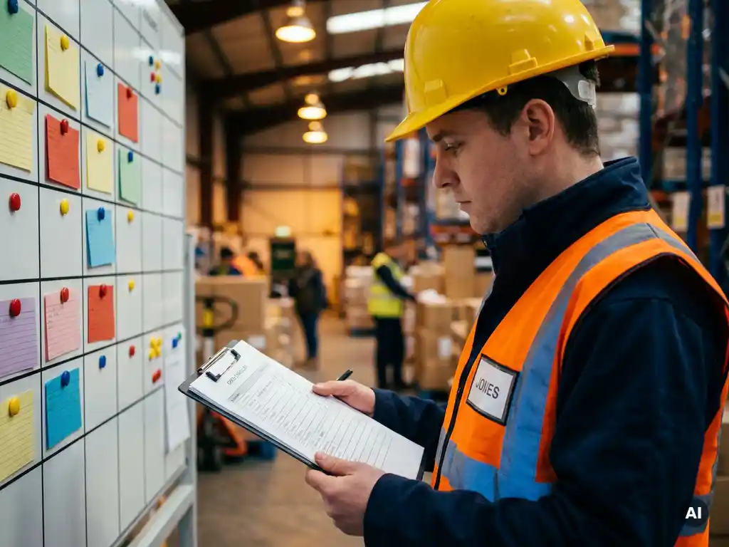 Magazijnmedewerker met helm controleert klembordchecklist op actieve werkvloer, whiteboard met gekleurde actiekaarten op achtergrond.