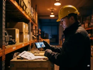 Magazijnmedewerker met helm bekijkt veiligheidsvideo op smartphone, met veiligheidsbril en instructieblad op nabijgelegen krat.