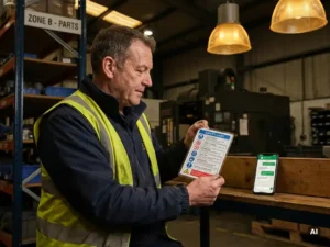 Magazijnmedewerker in veiligheidsvest bestudeert gepersonaliseerde veiligheidsinstructiekaart tussen gelabelde opslag­schappen en industriële apparatuur.