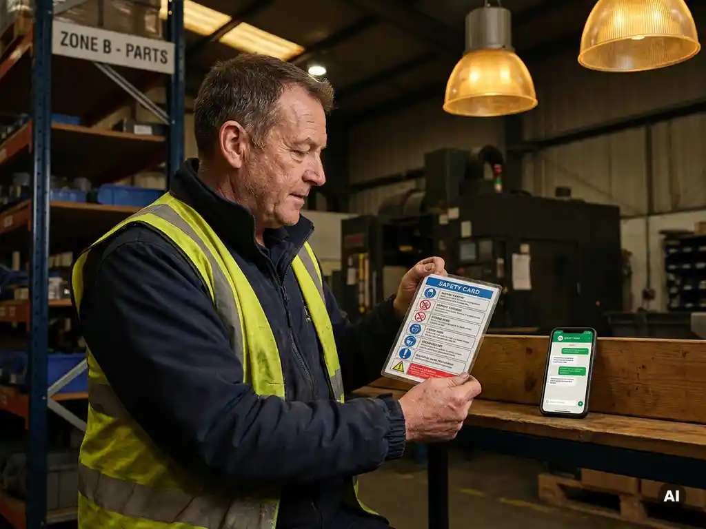 Magazijnmedewerker in veiligheidsvest bestudeert gepersonaliseerde veiligheidsinstructiekaart tussen gelabelde opslag­schappen en industriële apparatuur.