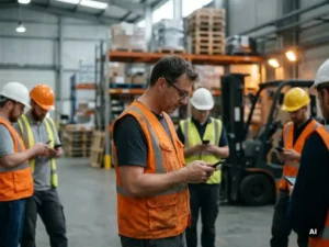 Magazijnmedewerker in oranje veiligheidsvest leest veiligheidsupdate op smartphone, collega's met helmen op de achtergrond.