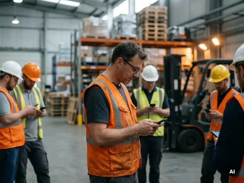 Magazijnmedewerker in oranje veiligheidsvest leest veiligheidsupdate op smartphone, collega's met helmen op de achtergrond.