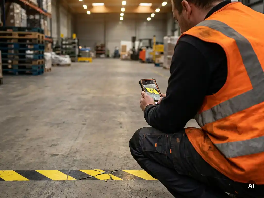 Magazijnmedewerker in oranje veiligheidsvest fotografeert beschadigde vloermarkering op betonnen industrievloer.