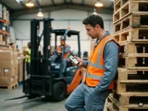 Magazijnmedewerker in veiligheidsvest leest WhatsApp-bericht op smartphone tussen stapels pallets in drukke logistieke hal.