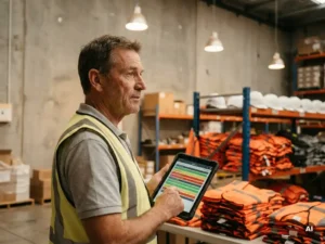 Magazijnbeheerder bekijkt digitaal klembord met kleurgecodeerde checklists, veiligheidsvesten en helmen op metalen schap op achtergrond.