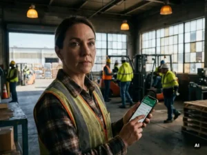 Magazijnbeheerder houdt smartphone met inspectielijst vast, arbeiders in veiligheidsvesten zichtbaar op industriële werkvloer op de achtergrond.