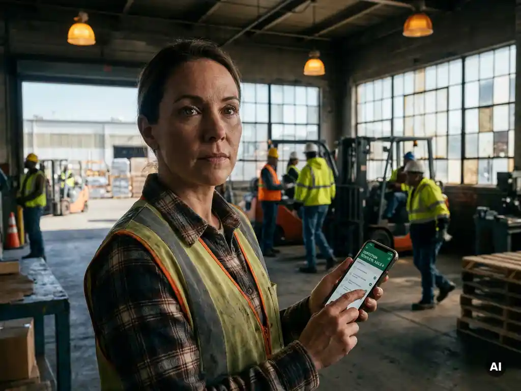 Magazijnbeheerder houdt smartphone met inspectielijst vast, arbeiders in veiligheidsvesten zichtbaar op industriële werkvloer op de achtergrond.
