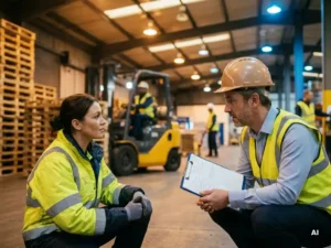 Supervisor met klembord in gesprek met magazijnmedewerker op logistieke vloer, stapelpallets en heftruck op achtergrond.