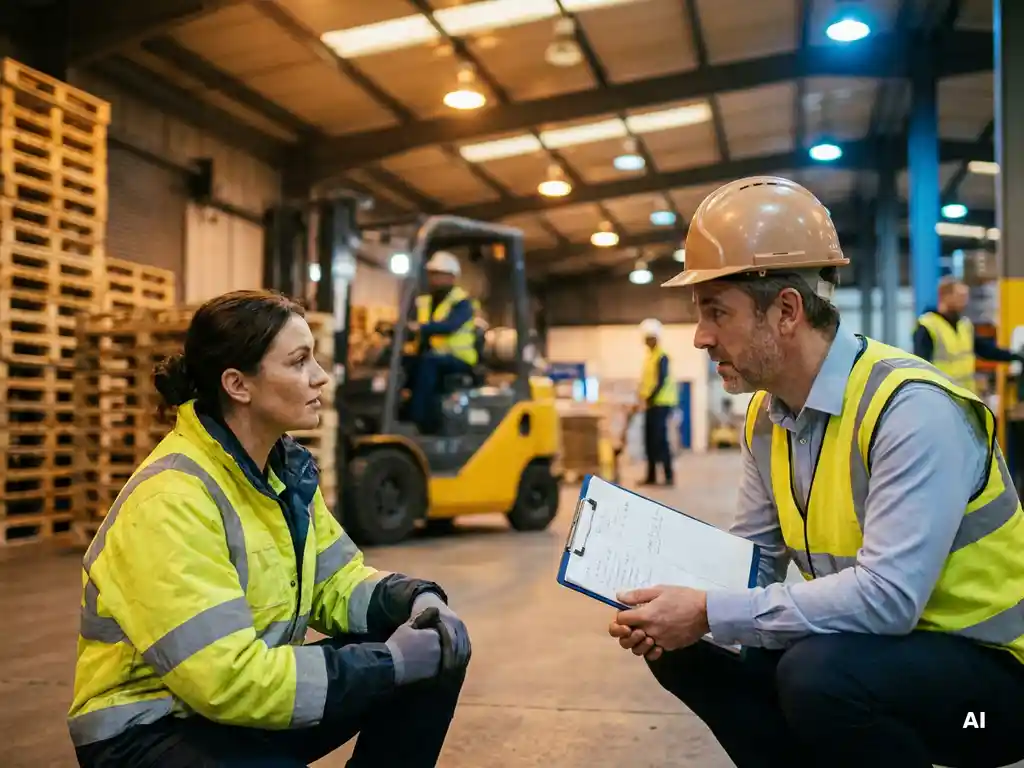 Supervisor met klembord in gesprek met magazijnmedewerker op logistieke vloer, stapelpallets en heftruck op achtergrond.