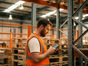 Magazijnmedewerker in oranje veiligheidsvest leest veiligheidsinstructie op smartphone tussen gestapelde pallets.
