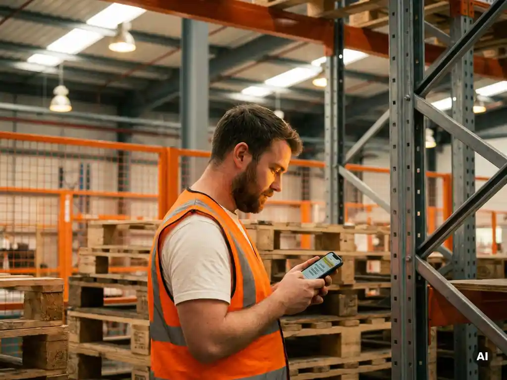 Magazijnmedewerker in oranje veiligheidsvest leest veiligheidsinstructie op smartphone tussen gestapelde pallets.