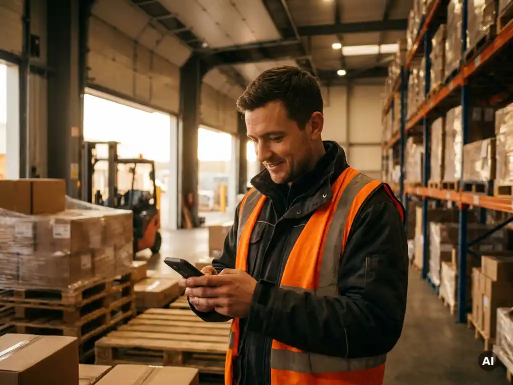 Magazijnmedewerker in oranje veiligheidsvest controleert smartphone tussen gestapelde pallets en industriële stellingen.