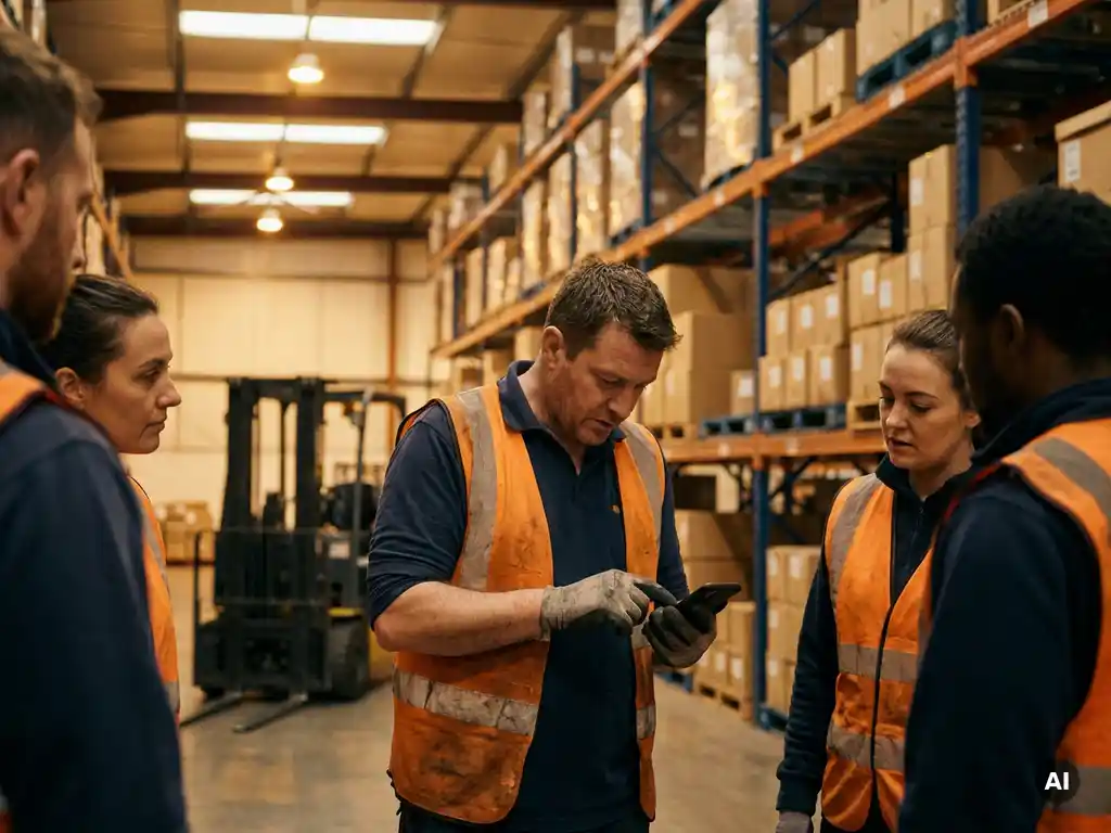 Magazijnmedewerker in veiligheidsvest leest werkinstructies op smartphone, collega's op de achtergrond tussen industriële stellingen.