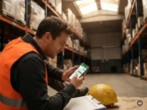Magazijnmedewerker in veiligheidsvest bekijkt smartphone met chatinterface, helm en checklist op betonnen vloer.