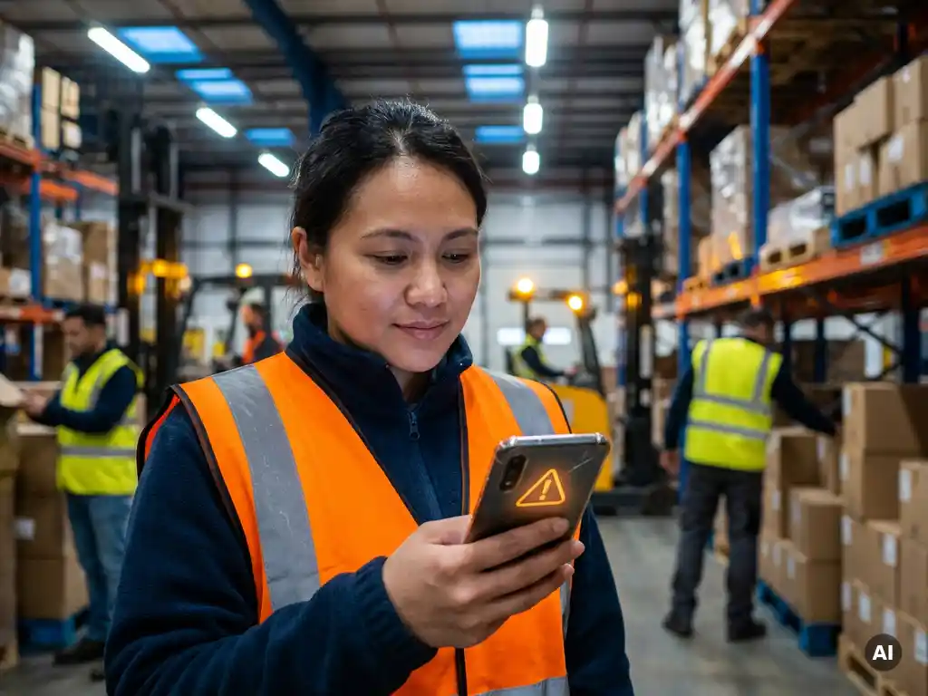 Magazijnmedewerker in veiligheidsvest bekijkt veiligheidsmelding op smartphone tussen industriële stellingen.