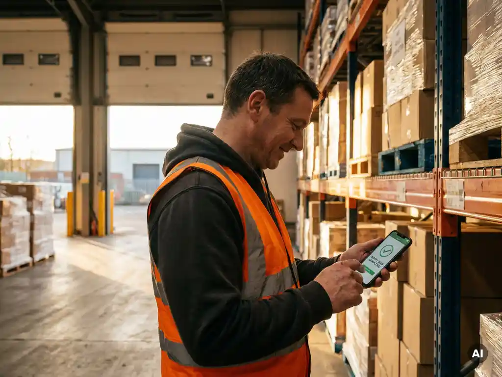 Magazijnmedewerker in oranje veiligheidsvest bekijkt voltooide veiligheidsquiz op smartphone naast industriële stellingen.