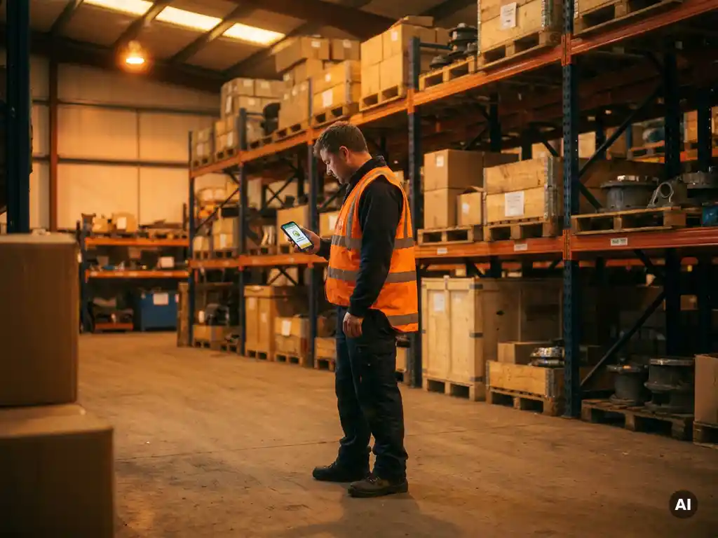 Magazijnmedewerker in oranje veiligheidsvest leest veiligheidsbericht op smartphone tussen industriële metalen stellingen.