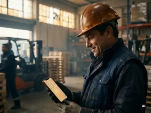 Magazijnmedewerker met helm leest WhatsApp-bericht op smartphone tijdens dienst in druk distributiecentrum.