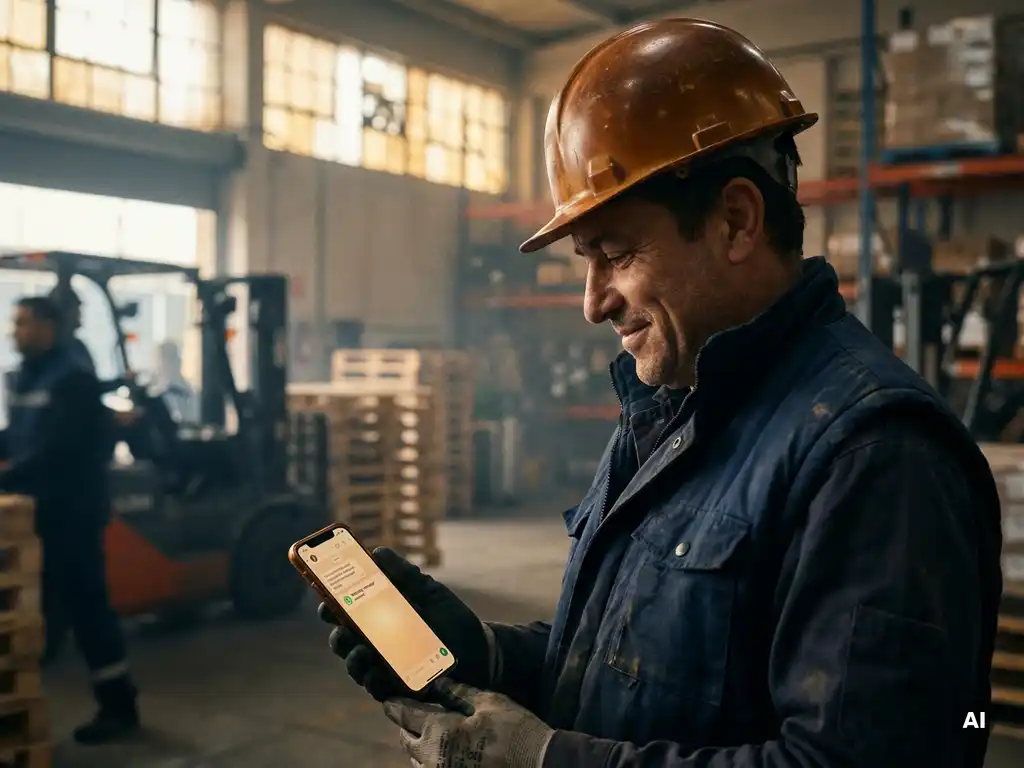 Magazijnmedewerker met helm leest WhatsApp-bericht op smartphone tijdens dienst in druk distributiecentrum.