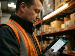 Magazijnmedewerker in oranje veiligheidsvest bekijkt WhatsApp-veiligheidschecklist op smartphone tussen industriële stellingen.