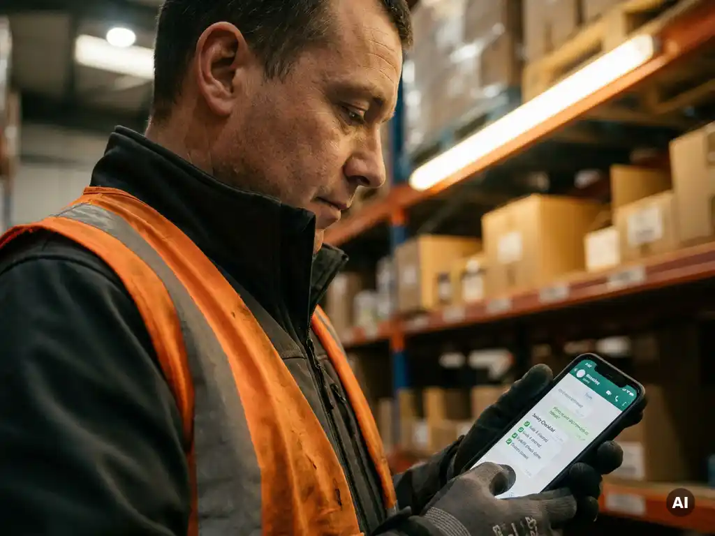 Magazijnmedewerker in oranje veiligheidsvest bekijkt WhatsApp-veiligheidschecklist op smartphone tussen industriële stellingen.