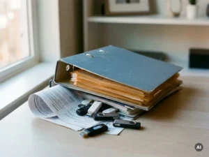 Blauwe map die sluit over verspreide USB-sticks en instructievellen op een modern bureau, chaos georganiseerd in orde.