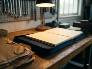 Organized navy binder on an industrial desk replacing cluttered toolbox folders, tools softly visible in the warm amber background light.
