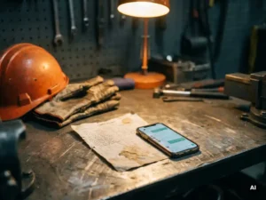 Versleten papieren checklist en smartphone met chatinterface op een bekraste stalen werkbank, naast een helm en veiligheidshandschoenen.