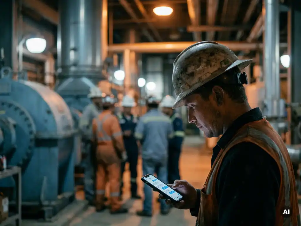 Fabrieksmedewerker met helm bekijkt groepschat op smartphone tijdens pauze, collega's in werkkleding op achtergrond.