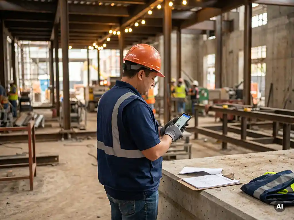 Project manager in hard hat reviewing digital inspection checklist on smartphone at industrial job site with steel beams.