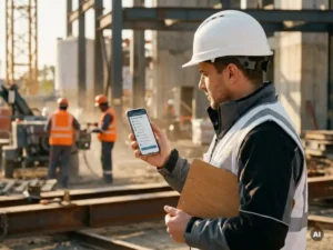 Projectmanager met helm controleert digitale inspectiechecklist op smartphone op actieve industriële bouwplaats.