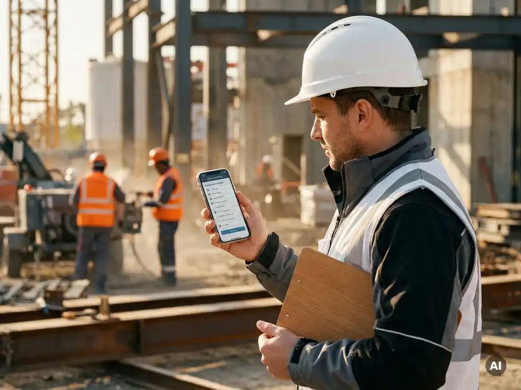 Projectmanager met helm controleert digitale inspectiechecklist op smartphone op actieve industriële bouwplaats.