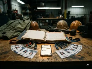 Open safety binder on an industrial workbench surrounded by employee ID badges and a glowing smartphone showing a chat interface.