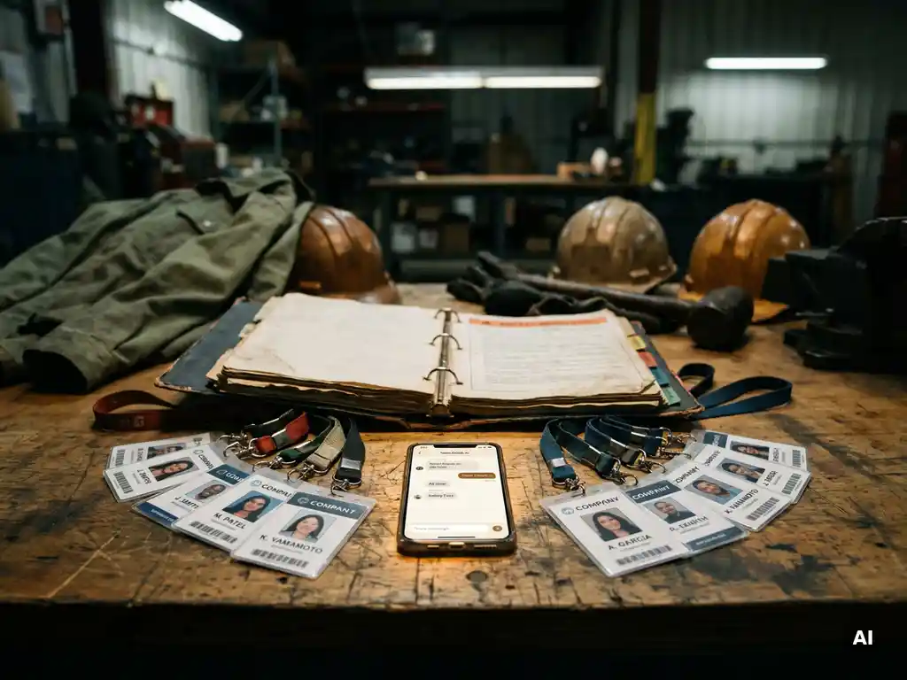 Open safety binder on an industrial workbench surrounded by employee ID badges and a glowing smartphone showing a chat interface.