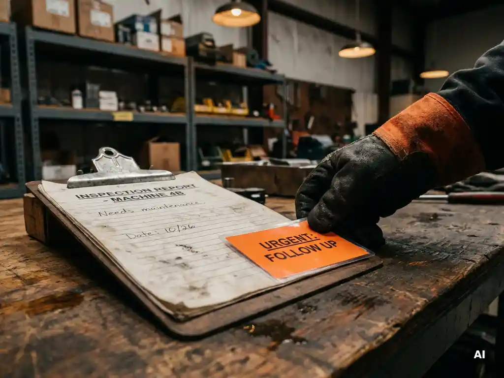 Gloved worker placing an orange action card beside a safety clipboard with inspection notes on a worn industrial workbench.