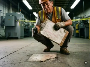 Safety inspector crouching on factory floor, reviewing clipboard with red-circled checkmarks beside a cracked tile under fluorescent lighting.