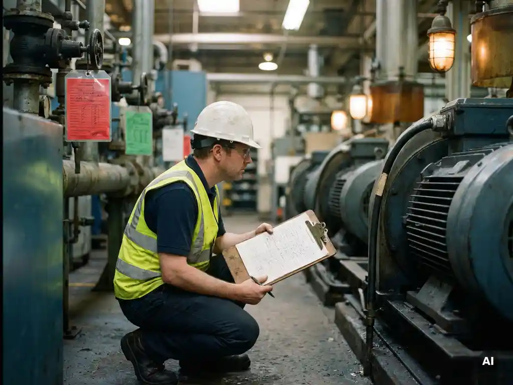 Safety inspector in hard hat crouching beside industrial equipment, reviewing a checklist clipboard with color-coded machinery tags in background.
