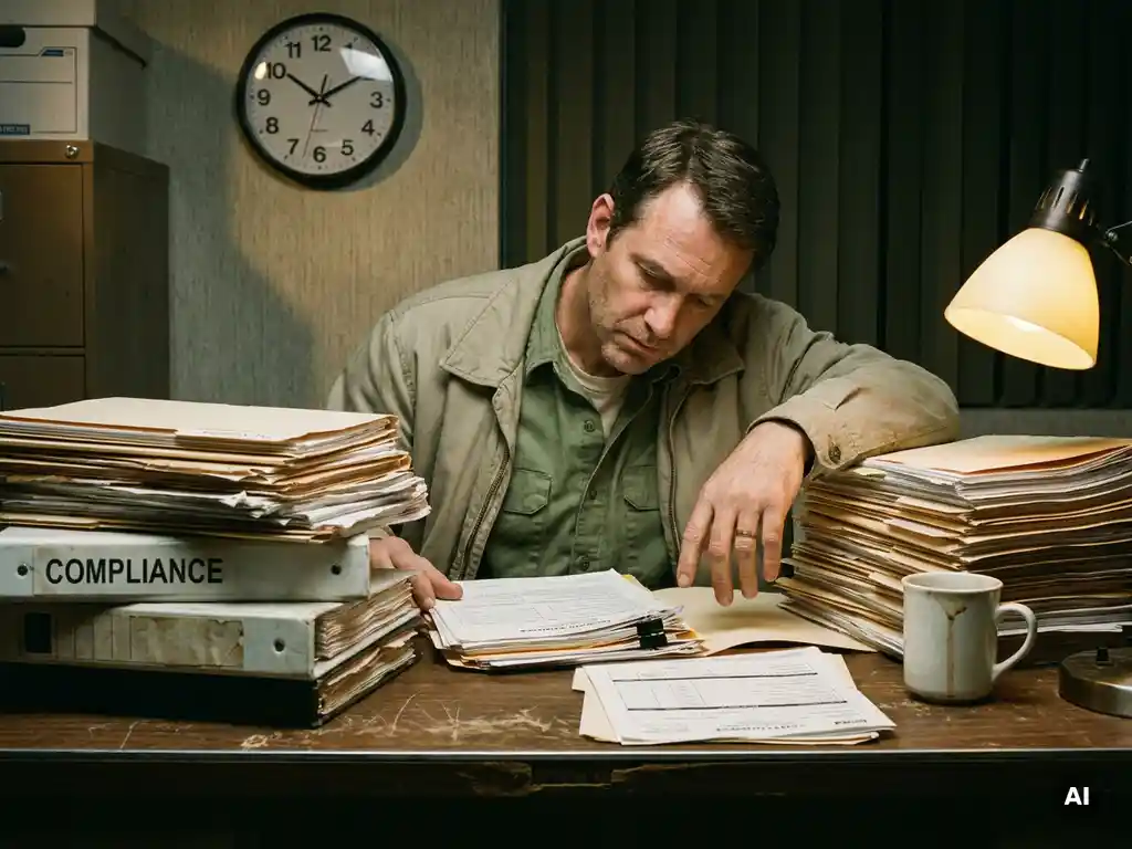 Safety manager buried in stacked paper compliance forms and binders at a cluttered industrial desk late at night.