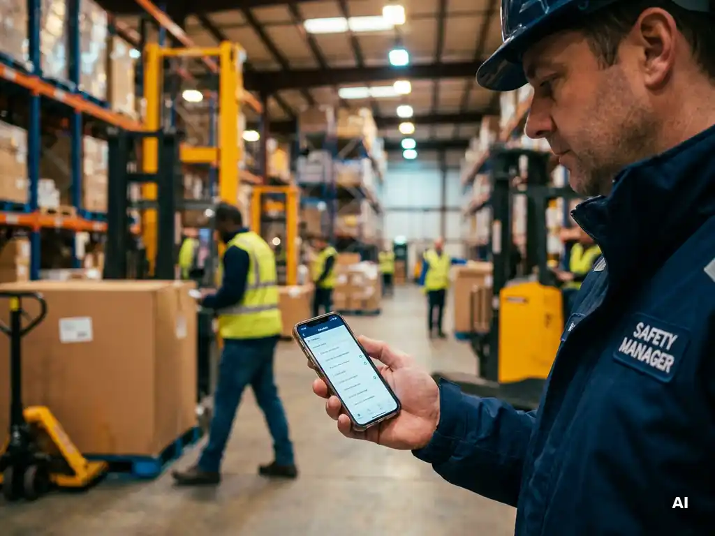 Safety manager reviewing inspection checklists on a smartphone on a busy warehouse floor with industrial shelving in the background.