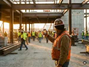 Safety supervisor in high-visibility vest using smartphone at busy industrial job site, workers and steel structures visible in golden morning light.