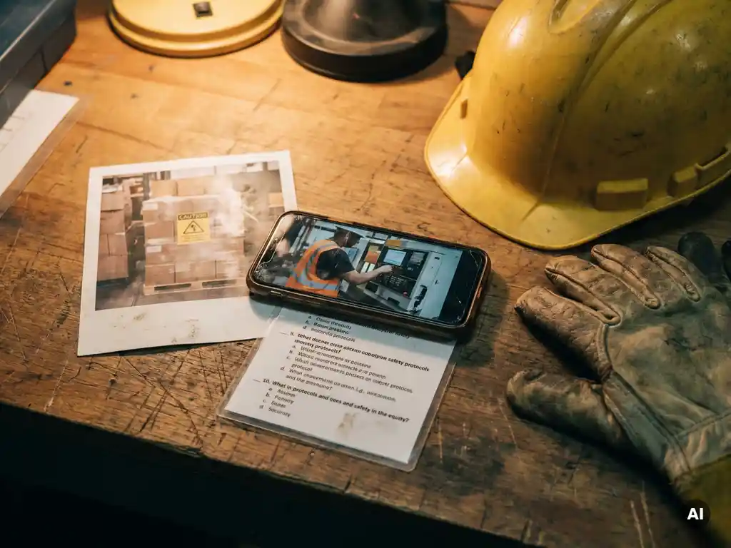Worn workbench with smartphone, printed hazard image, and laminated quiz card beside a yellow hard hat and safety gloves in warm workshop light.